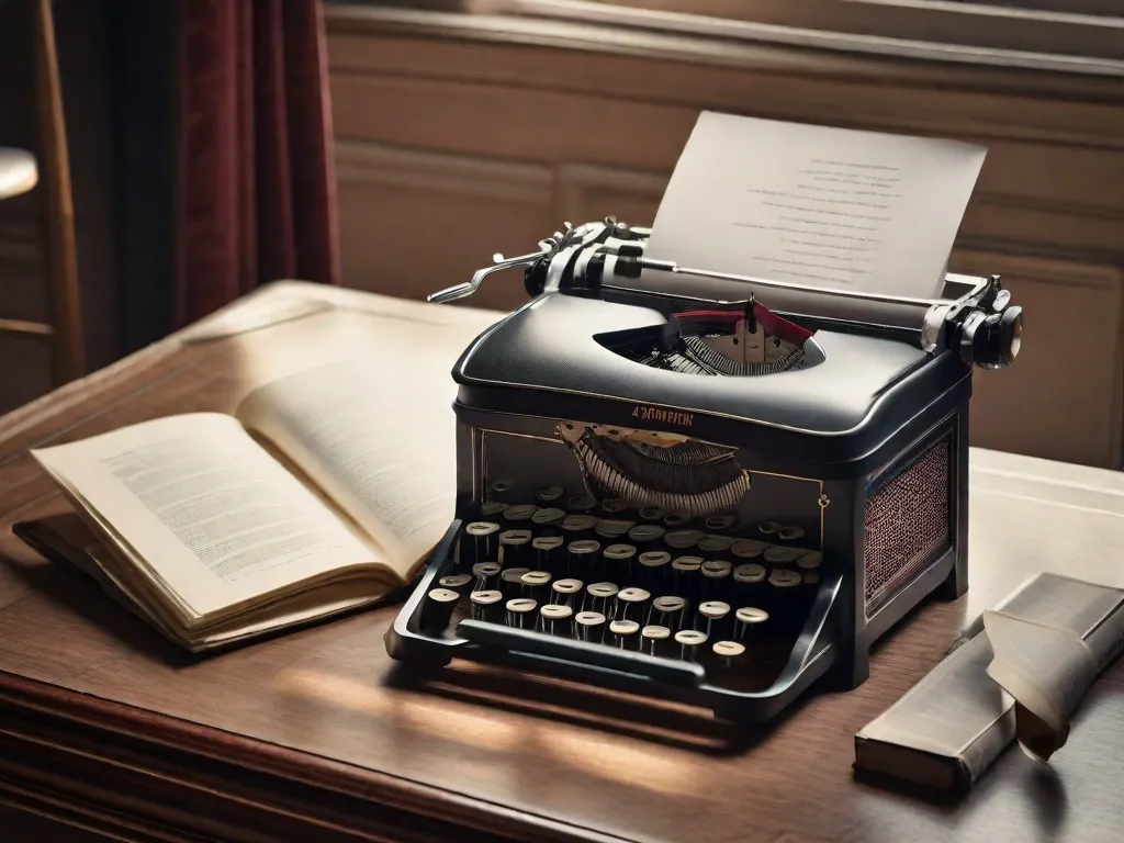 Uma imagem em close-up de uma máquina de escrever antiga com uma folha de papel inserida, simbolizando a influência eterna da literatura de Jane Austen sobre as escritoras mulheres. A máquina de escrever representa as ferramentas e a inspiração transmitidas ao longo das gerações, capacitando as mulheres a continuarem moldando o cenário literário moderno.
