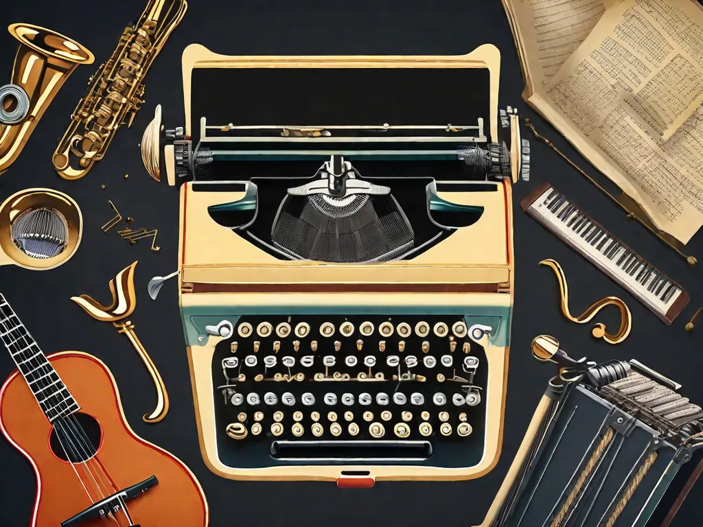 Descrição: Uma imagem de uma máquina de escrever vintage colocada em cima de um disco de jazz. A máquina de escrever simboliza as obras literárias dos escritores americanos durante a Era do Jazz, enquanto o disco de jazz representa a atmosfera vibrante e rítmica da época. Juntos, eles ilustram a interconexão entre a literatura americana e a Era do Jazz.