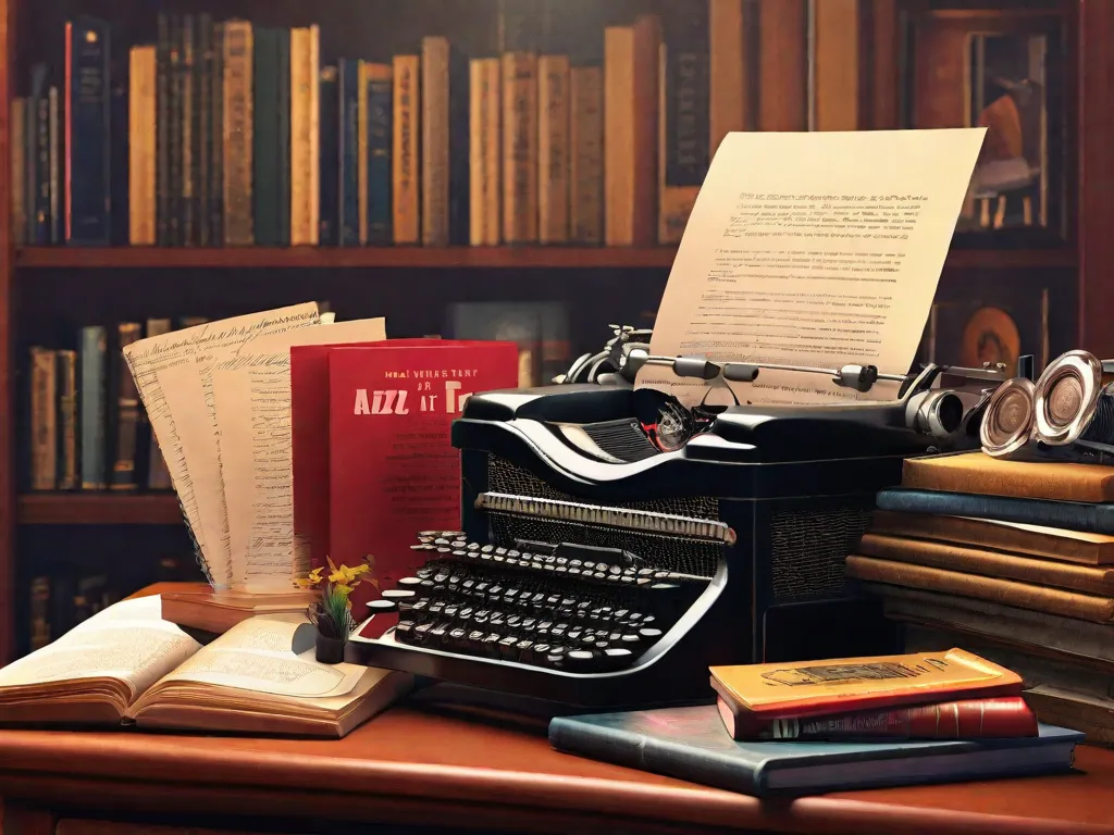 Descrição da imagem: Uma máquina de escrever antiga está em cima de uma mesa de madeira, rodeada por discos de jazz e um saxofone. A máquina de escrever está adornada com um manuscrito intitulado