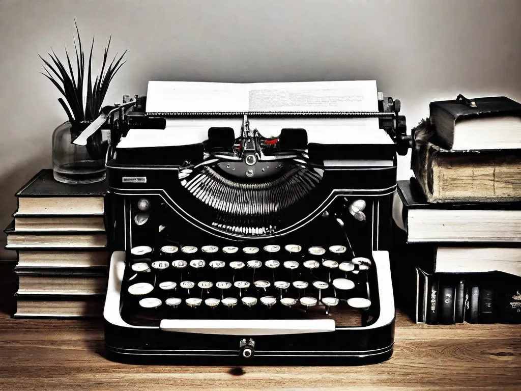 Descrição da imagem: Uma fotografia em preto e branco de uma máquina de escrever vintage colocada em uma escrivaninha de madeira. A máquina de escrever está rodeada por uma pilha de livros antigos e desgastados, cada um representando uma autobiografia diferente de diversas épocas. O ambiente do quarto pouco iluminado cria uma atmosfera nostálgica, evocando a essência das memó