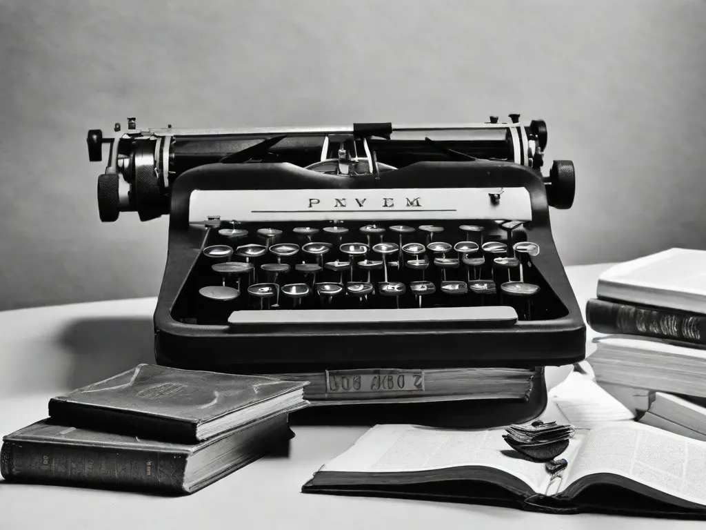 Descrição da Imagem: Uma antiga máquina de escrever está sobre uma mesa de madeira, cercada por pilhas de papéis amarelados e livros vintage. O ambiente com pouca iluminação cria uma atmosfera de nostalgia e introspecção, simbolizando o poder da literatura em preservar e documentar as memórias da era da ditadura.