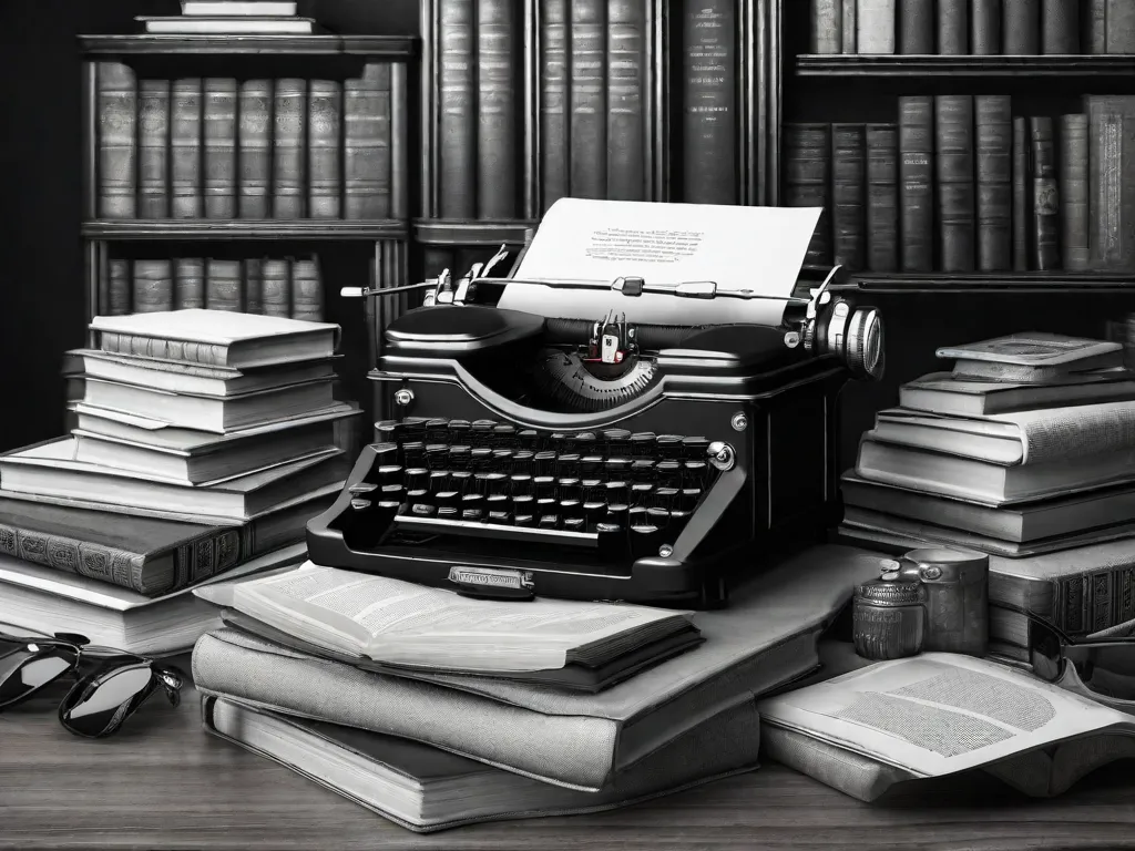 Uma imagem em preto e branco de uma máquina de escrever antiga, cercada por pilhas de livros representando diferentes períodos literários. A máquina de escrever simboliza o estilo tradicional e clássico de escrita, enquanto os livros mostram a diversidade e evolução da literatura brasileira do Barroco ao Pós-Modernismo.