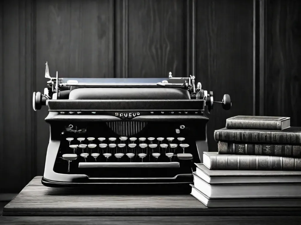 Uma imagem em preto e branco de uma máquina de escrever antiga sentada em uma mesa de madeira, com uma pilha de livros antigos ao lado. A máquina de escrever é simbólica da palavra escrita e do poder da literatura, enquanto os livros representam o vasto conhecimento e as ideias de Freud e Jung que são aplicadas para analisar e entender personagens literários complexos.