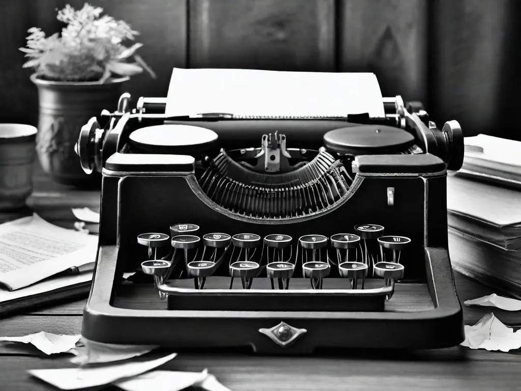 Descrição da imagem: Uma fotografia em preto e branco de uma antiga máquina de escrever colocada em uma mesa de madeira. A máquina de escrever está cercada por pedaços amassados de papel, simbolizando o processo criativo. A imagem reflete o poder da escrita de Guimarães Rosa em moldar a literatura brasileira e inspirar narrativas de resistência.