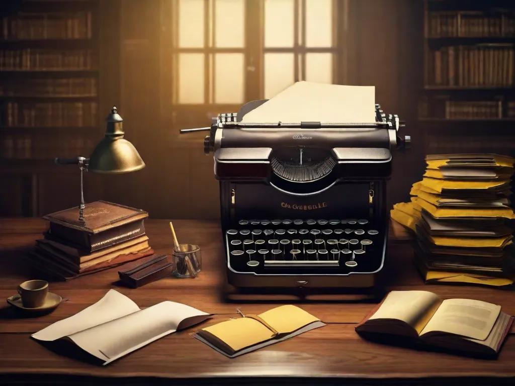 A imagem retrata uma antiga máquina de escrever colocada em uma mesa de madeira, cercada por pilhas de papéis amarelados e canetas vintage. A iluminação fraca cria uma atmosfera nostálgica, simbolizando o poder da literatura em preservar e recontar as memórias de um período sombrio da história: a ditadura.