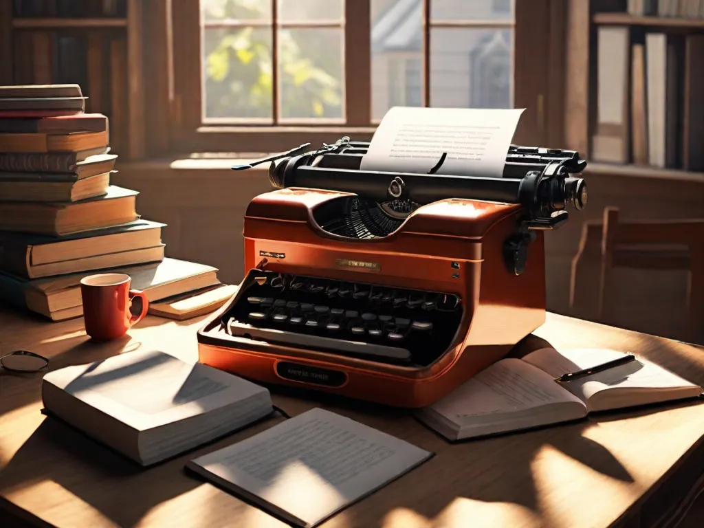Descrição da imagem: Uma máquina de escrever está sobre uma mesa de madeira, cercada por pilhas de livros e papéis. As teclas da máquina de escrever estão pressionadas, como se alguém estivesse no meio de digitar uma mensagem poderosa. Raios de sol filtram pela janela, iluminando a cena com esperança e determinação.