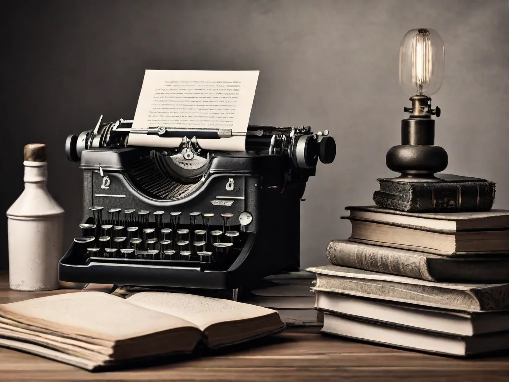 Uma fotografia em preto e branco de uma máquina de escrever vintage sobre uma pilha de livros antigos. A máquina de escrever está cercada por páginas espalhadas preenchidas com poesias e esboços escritos à mão, mostrando as conexões artísticas e literárias entre diferentes épocas e meios.