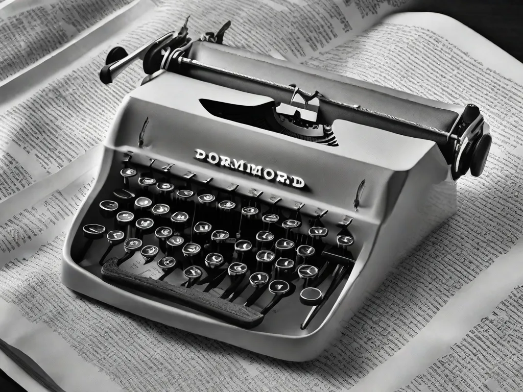 Uma fotografia em preto e branco de Carlos Drummond de Andrade, um renomado poeta brasileiro, sentado em uma mesa com uma máquina de escrever. A imagem captura sua expressão contemplativa enquanto ele olha para o horizonte, cercado por pilhas de papéis amassados e cadernos manchados de tinta, simbolizando as múltiplas facetas de seu gênio poético.