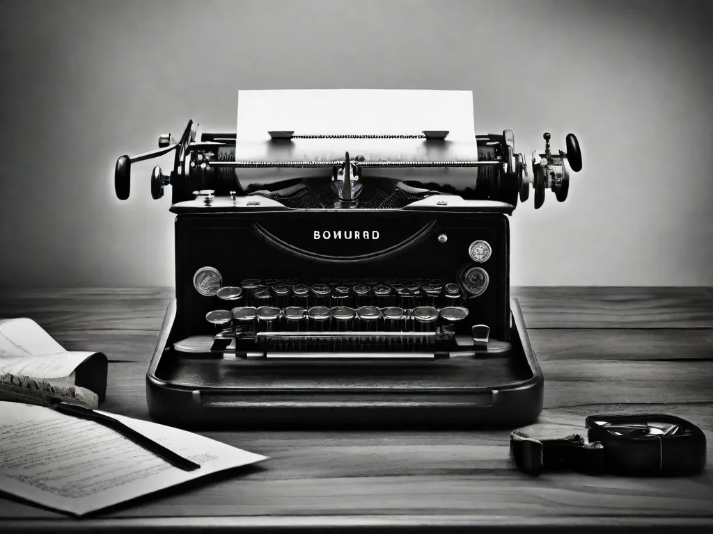 Descrição: Uma fotografia em preto e branco de uma antiga máquina de escrever, apoiada em uma mesa de madeira. As teclas estão desgastadas, refletindo as inúmeras palavras que foram digitadas nelas. A imagem captura a essência da poesia de Carlos Drummond de Andrade, mostrando a beleza atemporal e a profundidade de suas palavras.