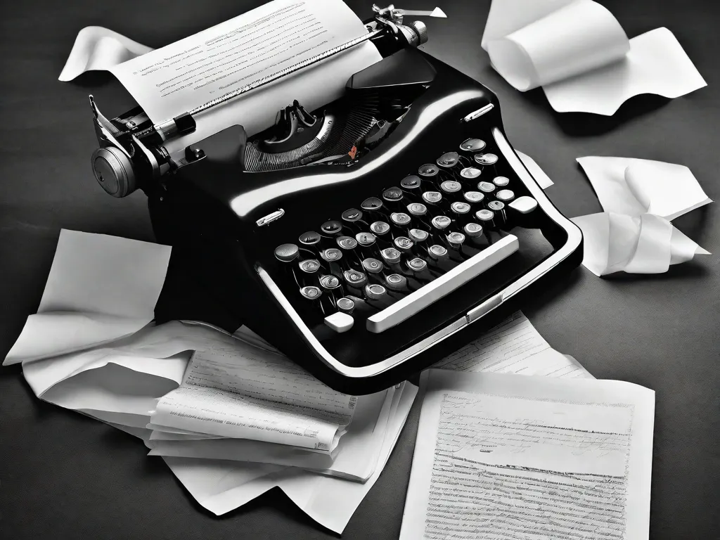 Uma fotografia em preto e branco de uma máquina de escrever com uma folha de papel em branco, cercada por rascunhos amassados. A imagem captura a essência da poesia moderna, retratando o surgimento de vozes novas e inovadoras através do meio das palavras escritas.