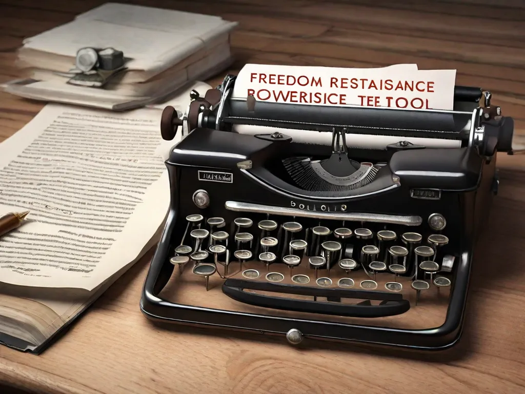 Descrição da imagem: Uma máquina de escrever está sobre uma mesa de madeira, cercada por pilhas de livros e papéis. As teclas da máquina de escrever estão pressionadas, como se alguém estivesse no meio de digitar uma mensagem poderosa. Raios de sol filtram pela janela, iluminando a cena com esperança e determinação.