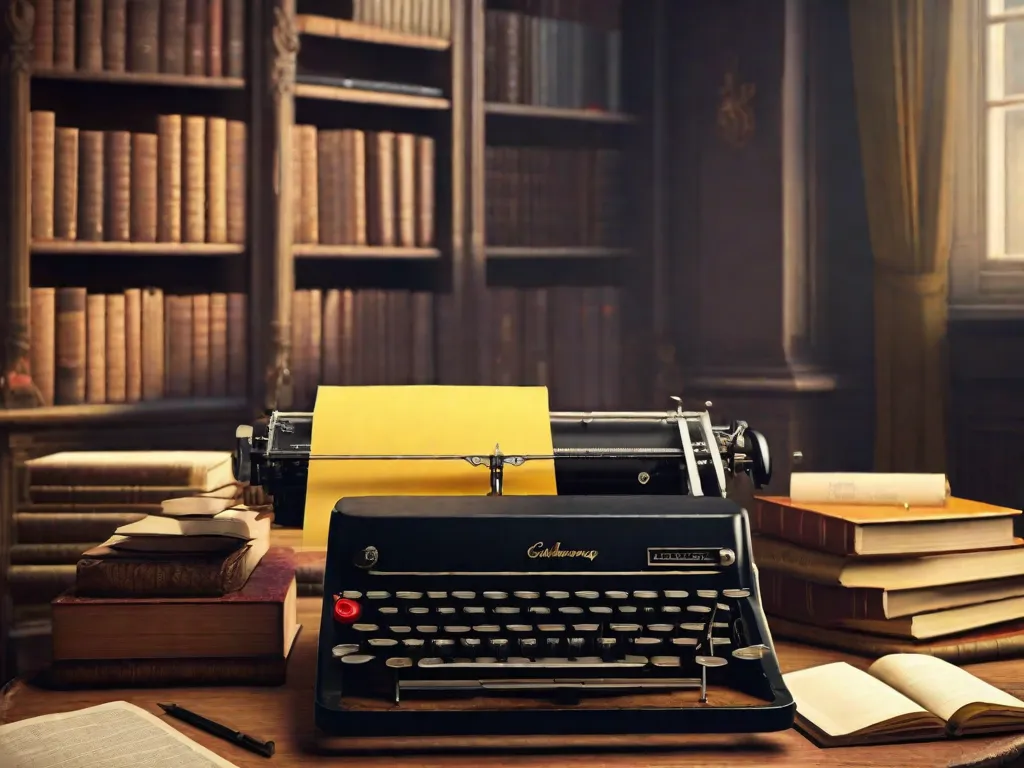 Descrição da Imagem: Uma antiga máquina de escrever está sobre uma mesa de madeira, cercada por pilhas de papéis amarelados e livros vintage. O ambiente com pouca iluminação cria uma atmosfera de nostalgia e introspecção, simbolizando o poder da literatura em preservar e documentar as memórias da era da ditadura.