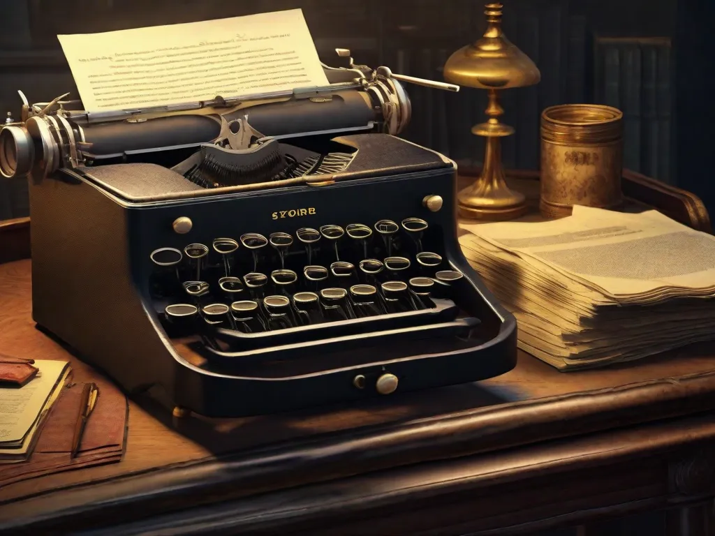 A imagem retrata uma máquina de escrever desgastada, com teclas desbotadas e uma pilha de papéis amarelados ao lado. O ambiente pouco iluminado cria uma atmosfera de segredo e nostalgia, simbolizando o poder da literatura em preservar as memórias e documentar a história da era da ditadura.