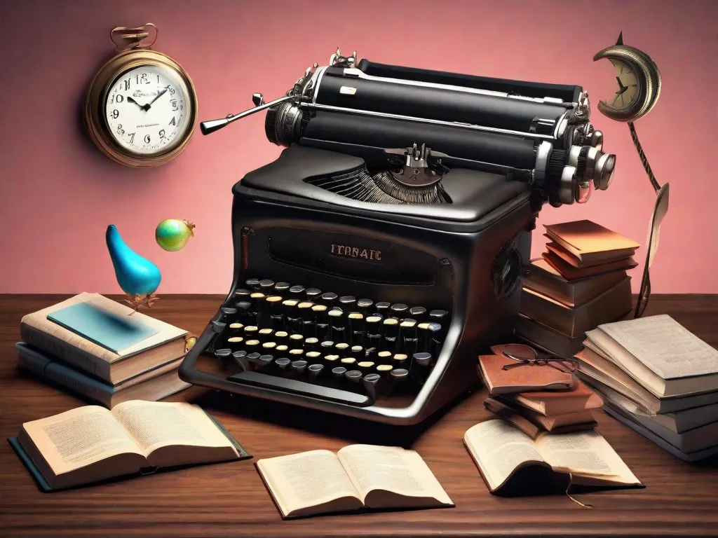 Descrição da imagem: Uma máquina de escrever antiga repousa sobre uma mesa de madeira, cercada por objetos flutuantes que desafiam a gravidade. Livros com capas distorcidas e páginas torcidas flutuam no ar, enquanto um relógio derrete sobre a borda da mesa. Essa cena surreal representa a influência do surrealismo na literatura, borrando os limites entre realidade e imagina