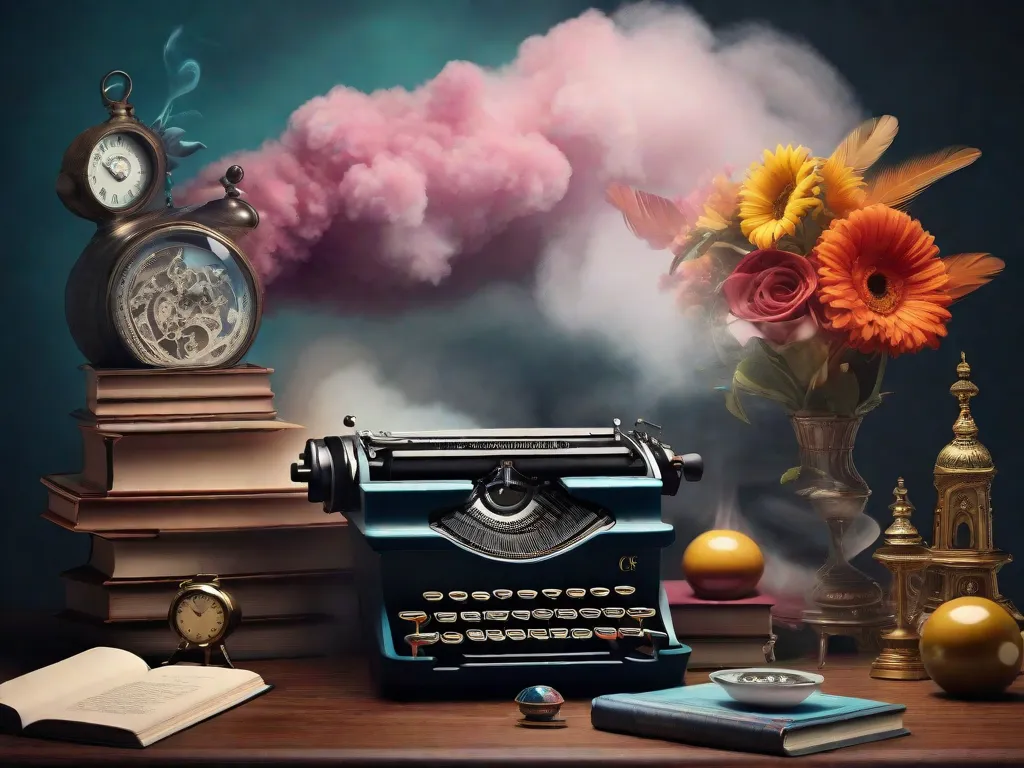 Descrição da imagem: Uma máquina de escrever antiga repousa sobre uma pilha de livros, cercada por nuvens de fumaça em movimento. As teclas da máquina de escrever são substituídas por objetos vibrantes e surreais, como relógios, flores e penas. Os elementos surrealistas representam a influência do surrealismo na literatura, mesclando realidade e imaginação de forma visualmente cativ