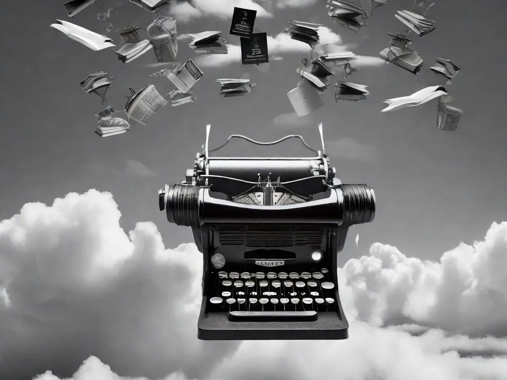 Descrição da imagem:
Uma fotografia em preto e branco de uma máquina de escrever vintage com teclas flutuando no ar, rodeada por nuvens e objetos surreais. A máquina de escrever parece estar se fundindo com um livro, simbolizando a influência do surrealismo na literatura.