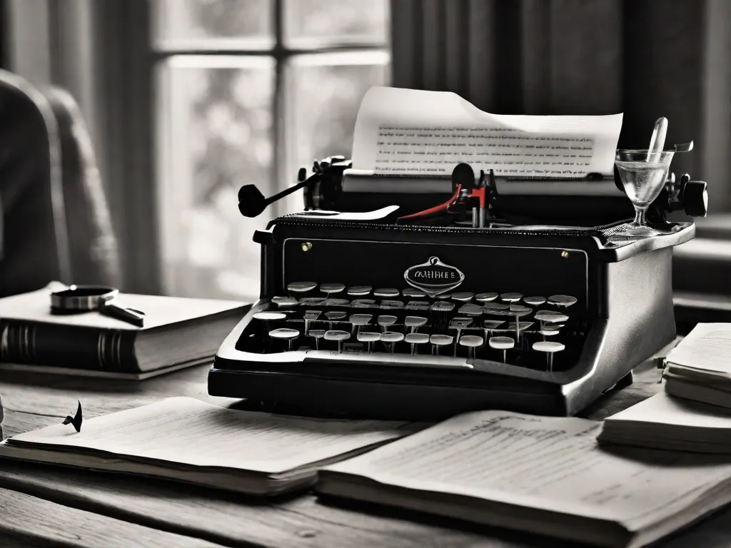 Descrição da imagem:
Uma fotografia em preto e branco de uma máquina de escrever antiga em uma mesa de madeira, com uma pilha de livros de Agatha Christie ao lado. A máquina de escrever está cercada por páginas espalhadas cheias de notas misteriosas e pistas, criando uma atmosfera de suspense e intriga.