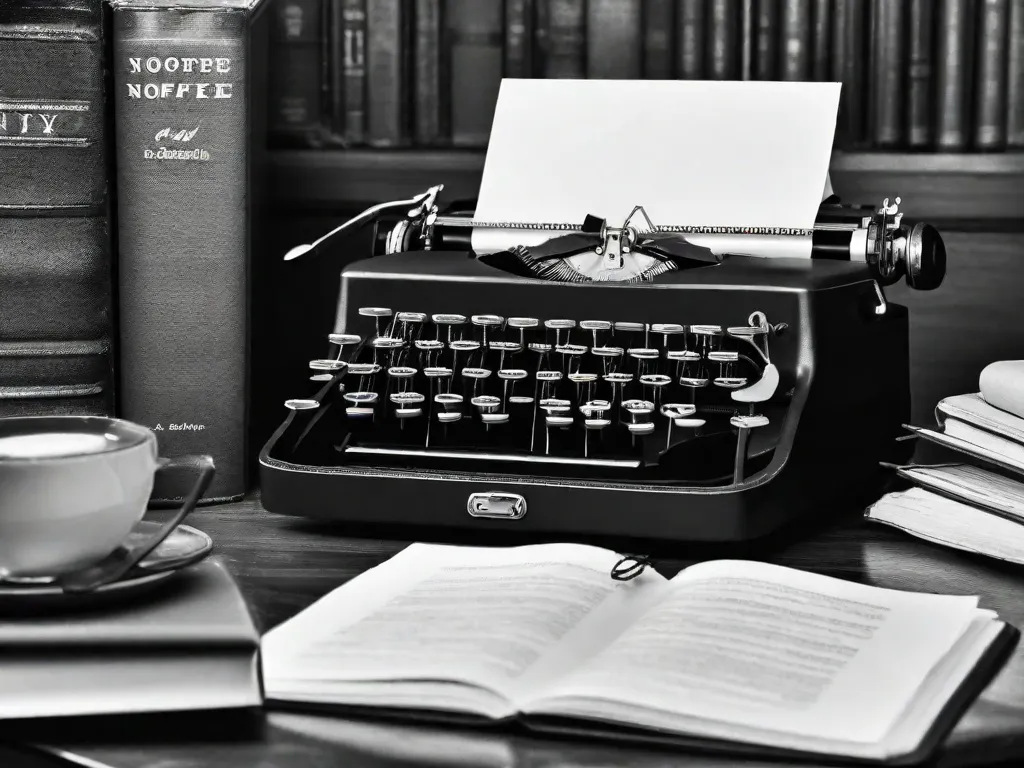 Descrição da imagem: Uma máquina de escrever antiga repousa sobre uma mesa de madeira, cercada por uma pilha de livros e uma xícara de café. Raios de sol atravessam uma janela próxima, lançando um brilho quente na cena. As teclas da máquina de escrever estão levemente pressionadas, sugerindo que alguém tenha escrito recentemente um ensaio instigante.