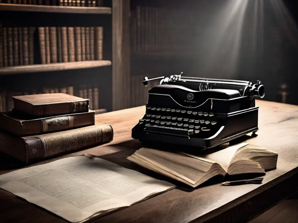 Uma imagem em preto e branco de uma máquina de escrever vintage sentada em uma mesa de madeira, rodeada por livros antigos e papel pergaminho. O quarto levemente iluminado cria uma atmosfera de nostalgia e convida o espectador a embarcar em uma jornada literária através do tempo.