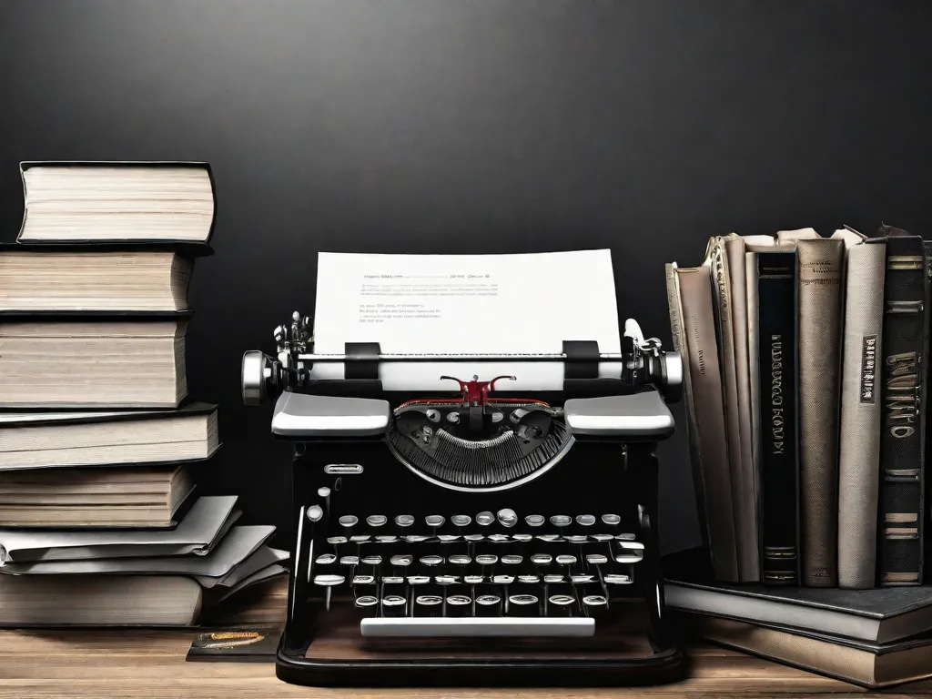 Uma imagem em preto e branco de uma máquina de escrever vintage sentada em uma mesa de madeira, cercada por pilhas de livros. As teclas da máquina de escrever estão ligeiramente desbotadas, simbolizando o passado, enquanto os livros representam os diversos estilos literários desde o Barroco até o Pós-modernismo no contexto brasileiro.
