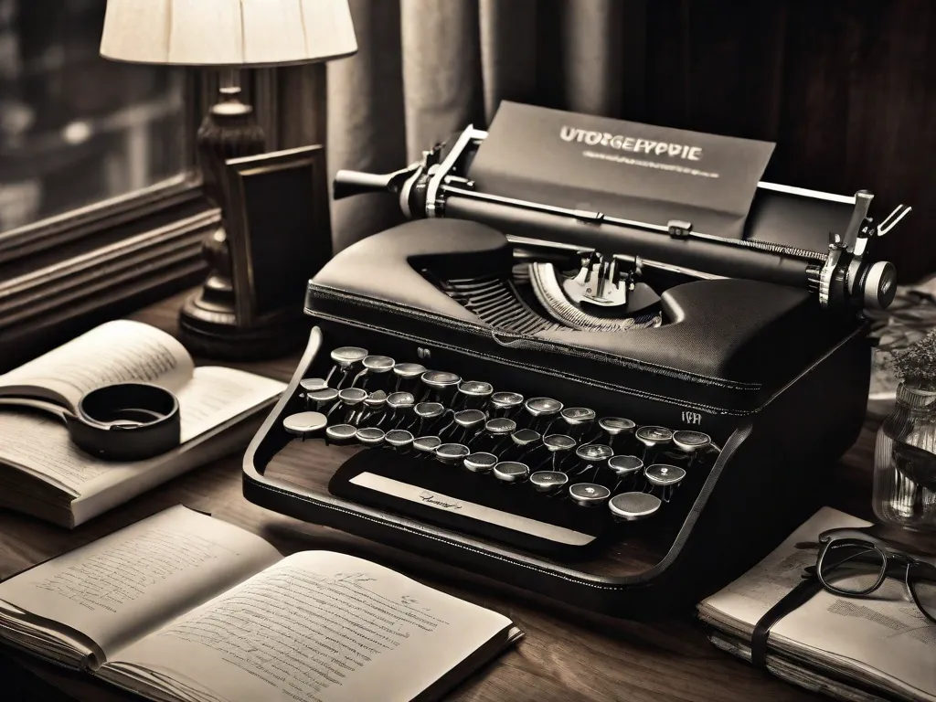 Descrição: Uma fotografia em preto e branco de uma máquina de escrever vintage colocada em uma mesa de madeira. A máquina de escrever está cercada por páginas espalhadas de memórias escritas à mão, simbolizando o poder das autobiografias em capturar e preservar a essência de diferentes épocas na literatura.