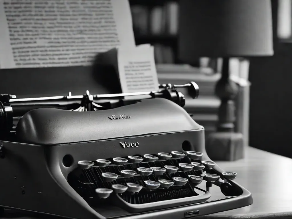 Uma imagem em preto e branco de uma máquina de escrever, com uma pilha de livros de Virginia Woolf ao lado. As teclas da máquina de escrever estão ligeiramente borradas, sugerindo movimento e criatividade. A imagem captura a influência atemporal da escrita de Virginia Woolf na literatura feminista contemporânea.