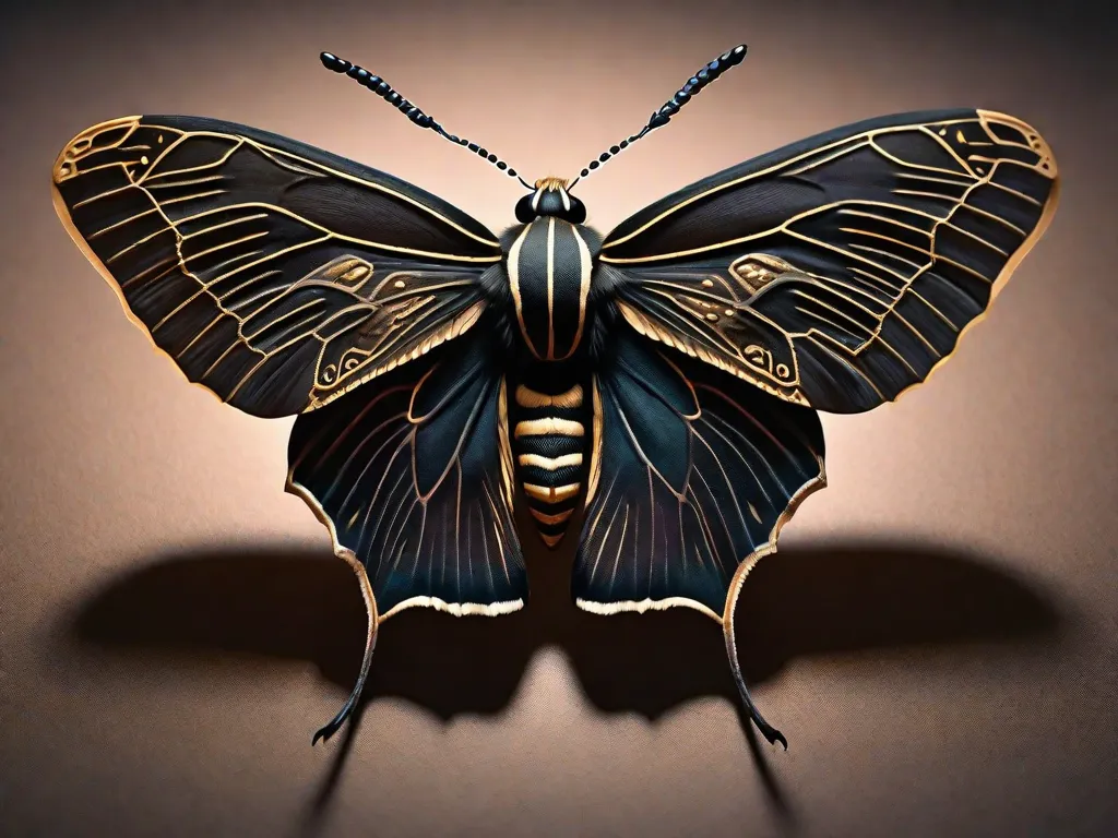 Uma imagem em close de uma mariposa pousada em um fundo escuro, com suas asas delicadas abertas. Os padrões intricados em suas asas simbolizam os segredos ocultos e complexidades psicológicas exploradas no filme 'O Silêncio dos Inocentes'.
