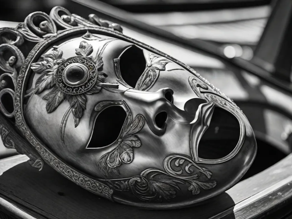 Uma fotografia em preto e branco de uma máscara veneziana desgastada, deitada em uma gôndola abandonada. A superfície rachada da máscara e as cores desbotadas simbolizam a beleza em decadência e os desejos ocultos explorados em