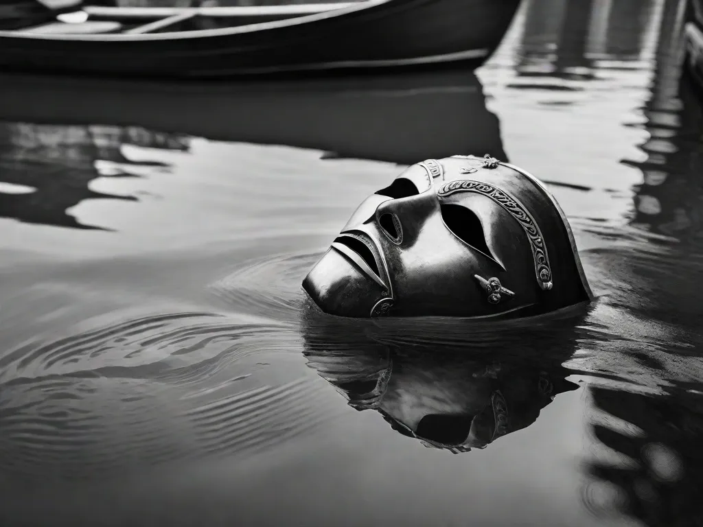 Uma fotografia em preto e branco de uma máscara veneziana desgastada, meio submersa na água de um canal. A expressão da máscara é melancolicamente assombrosa, capturando a essência do simbolismo em