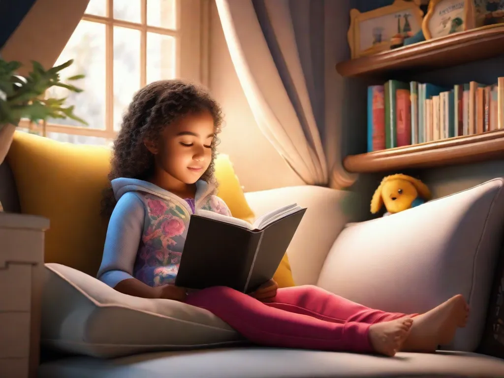 Uma jovem garota senta-se em um cantinho aconchegante de leitura, absorta em um livro. A imagem captura a magia da contação de histórias, enquanto sua imaginação alça voo. Através da leitura, as crianças desenvolvem habilidades essenciais como aquisição de linguagem, pensamento crítico e empatia, estabelecendo uma base sólida para seu