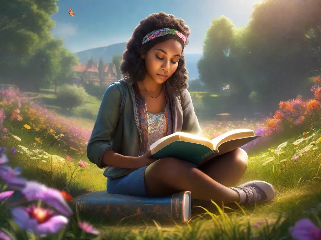 Uma jovem garota está sentada de pernas cruzadas em um prado gramado, absorta em um livro. Seu rosto é iluminado pelo sol quente enquanto ela mergulha em um mundo de imaginação e conhecimento. Ao seu redor, há flores coloridas, simbolizando o florescimento de sua mente através dos benefícios da leitura no desenvolvimento infantil.