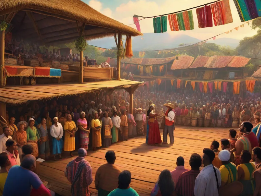 Uma ilustração vibrante retrata um mercado colorido cheio de pessoas. No primeiro plano, um contador de histórias fica em um palco de madeira, recitando versos de um livro de literatura de cordel. A multidão está cativada, seus olhos fixos no contador de histórias, enquanto mergulham na rica tapeçaria do folclore e da tradição brasileira.