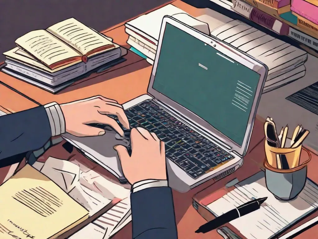 Descrição da imagem: Um close-up de uma mesa de tradutor, com uma pilha de livros de um lado e um laptop do outro. A mesa está cheia de papéis, notas adesivas e canetas. As mãos do tradutor estão digitando no teclado, mostrando a dedicação e o trabalho árduo envolvidos na arte da tradução.