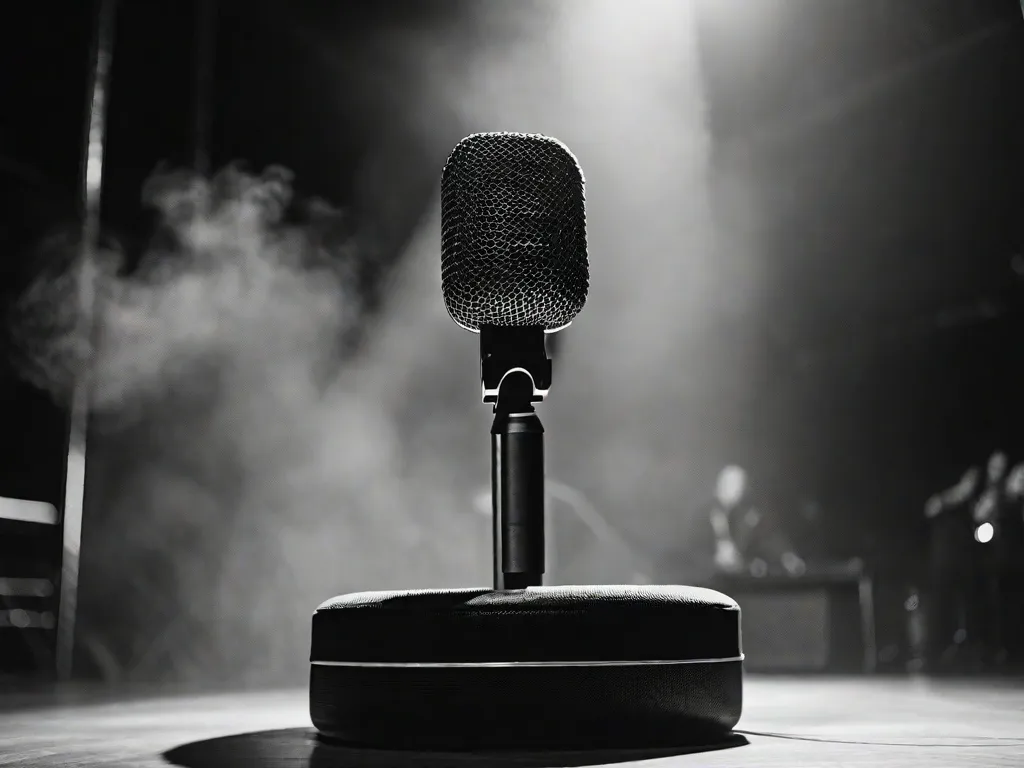 Uma fotografia em preto e branco de um microfone em um palco levemente iluminado, cercado por uma névoa de fumaça. O microfone está alto, simbolizando o poder das letras e da música nas canções brasileiras. A imagem captura a essência da poesia e da emoção transmitidas através da arte da música.