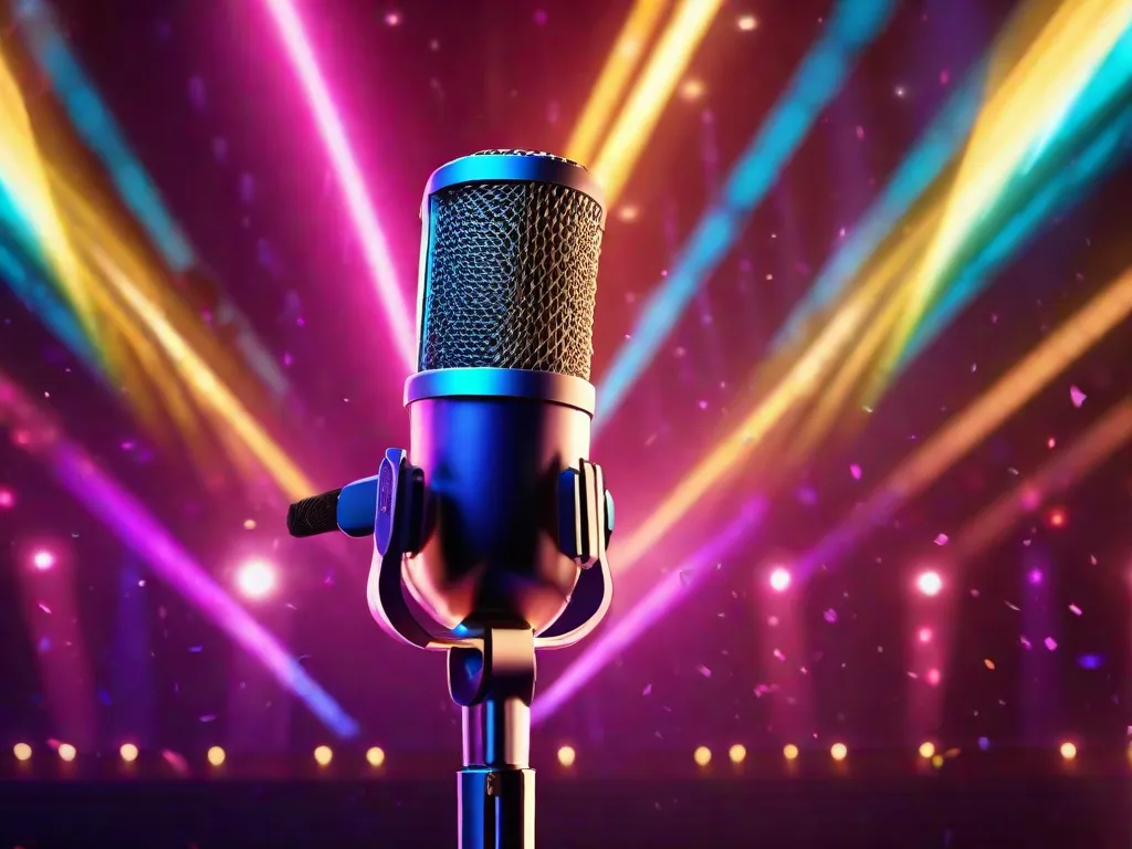 Uma imagem vibrante de um microfone em pé em um palco, banhado por luzes coloridas. O microfone simboliza o poder das letras e da música, enquanto as luzes representam a atenção e admiração que as canções e poesias brasileiras recebem. Ela captura a essência da fusão entre poesia e música na cultura brasileira.