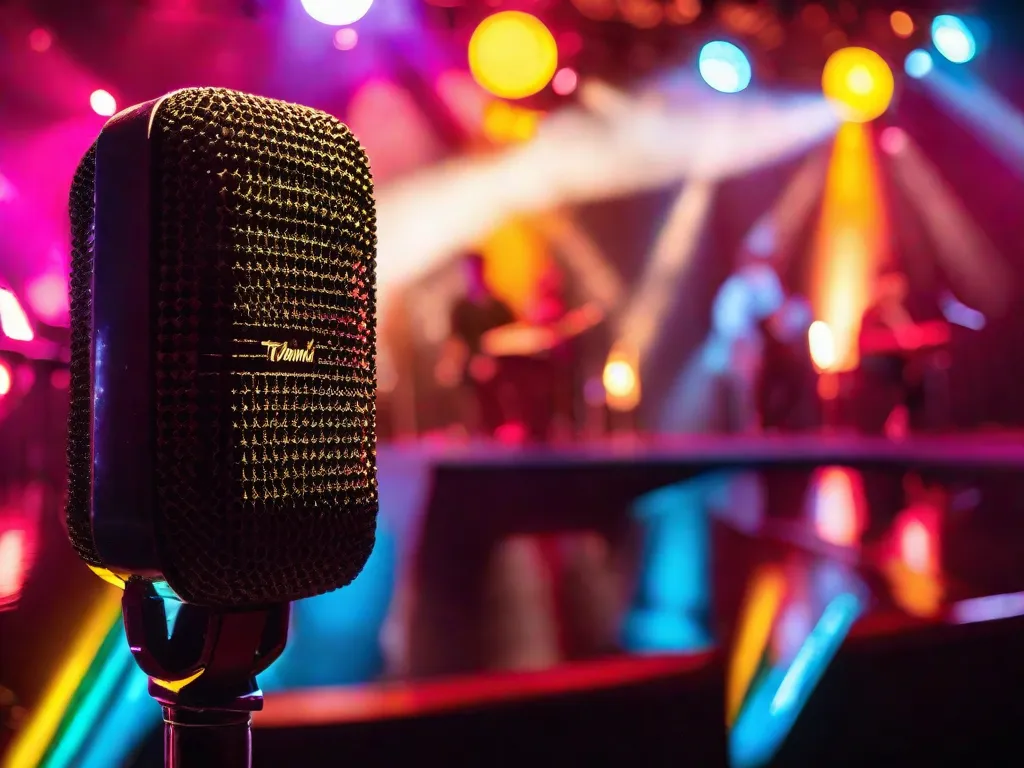 Descrição da imagem: Uma fotografia em close-up de um microfone em um palco, com luzes coloridas vibrantes iluminando o fundo. O microfone está em pé, simbolizando o poder das palavras e da música se unindo. A imagem captura a essência da profunda conexão entre a poesia e a música nas canções brasileiras, onde as letras ganham vida através de harmonias melódicas.