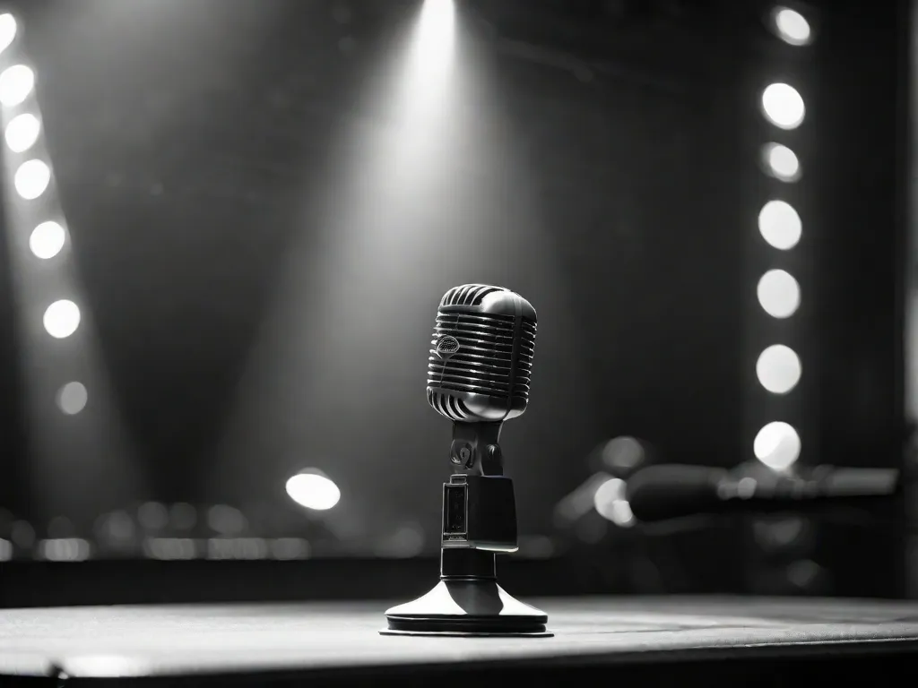 Uma fotografia em preto e branco de um microfone em um palco levemente iluminado, cercado por uma névoa de fumaça. O microfone está alto, simbolizando o poder das letras e da música nas canções brasileiras. A imagem captura a essência da poesia e da emoção transmitidas através da arte da música.