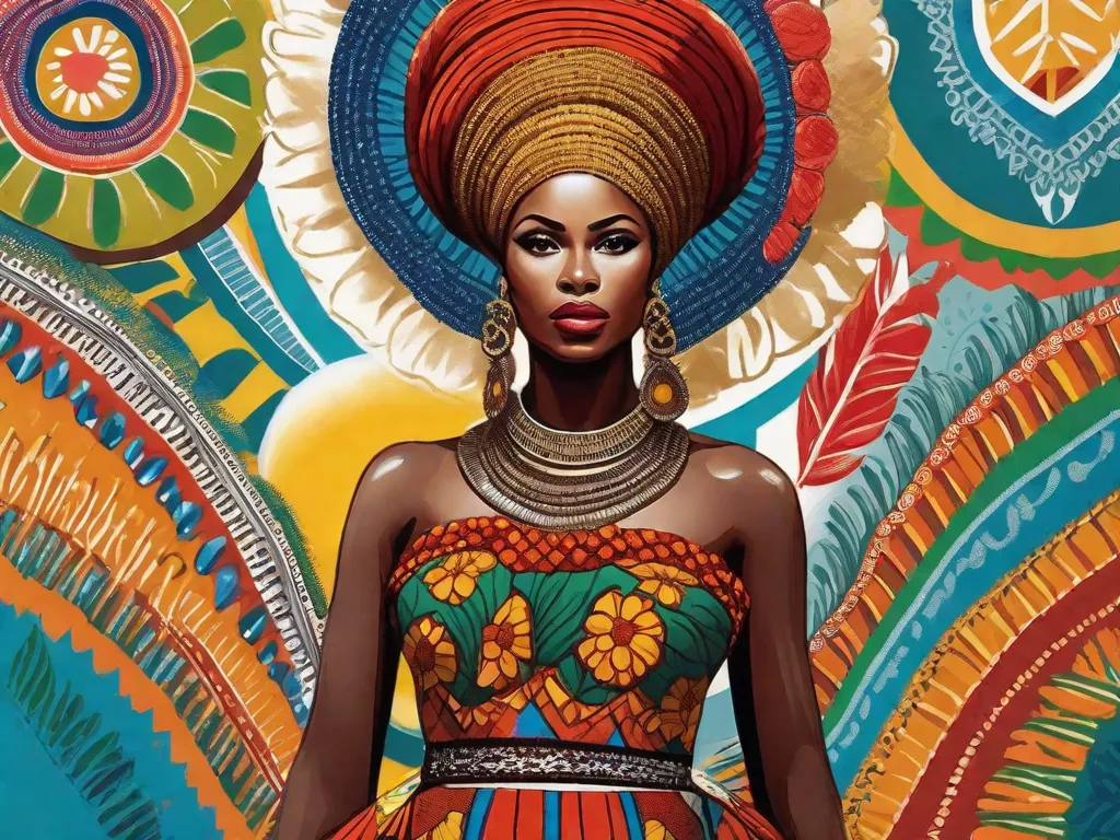 Na imagem, uma pintura vibrante retrata uma mulher com uma presença poderosa. Ela está alta, adornada com roupas tradicionais afro-brasileiras, representando a força e a resiliência da voz literária de Conceição Evaristo. As cores e os padrões ao seu redor simbolizam a rica herança cultural e as diversas narrativas retratadas na literatura afro-brasileira.