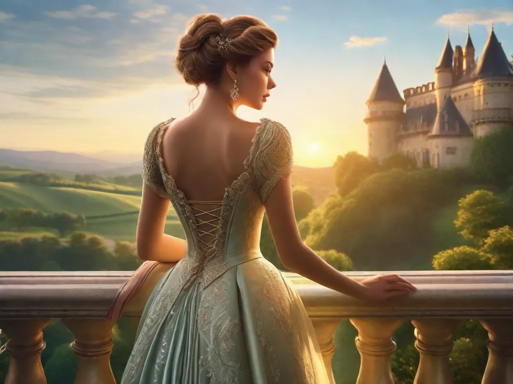 Uma bela mulher em um vestido esvoaçante está parada na sacada de um castelo imponente, contemplando as colinas ondulantes e a vegetação exuberante do campo. O sol poente lança um brilho quente sobre a cena, evocando uma sensação de romance e nostalgia por uma era passada.