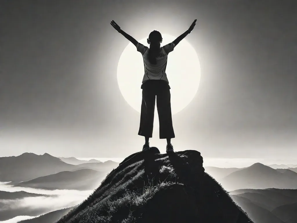 Descrição da imagem: Uma fotografia em preto e branco de uma mulher em pé no topo de uma montanha, com os braços estendidos e uma expressão de determinação no rosto. O sol está nascendo atrás dela, lançando um brilho quente sobre a paisagem. Isso representa o espírito indomável e a resiliência de indivíduos que tiveram um impacto significativo no mundo.