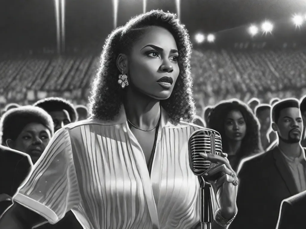 Descrição da imagem: Uma fotografia em preto e branco de uma mulher com expressão determinada, em pé na frente de uma multidão. Ela segura um microfone em uma das mãos, entregando apaixonadamente um discurso que ressoa com a plateia. Sua presença exala força e inspira esperança, simbolizando o poder transformador do trabalho de sua vida.