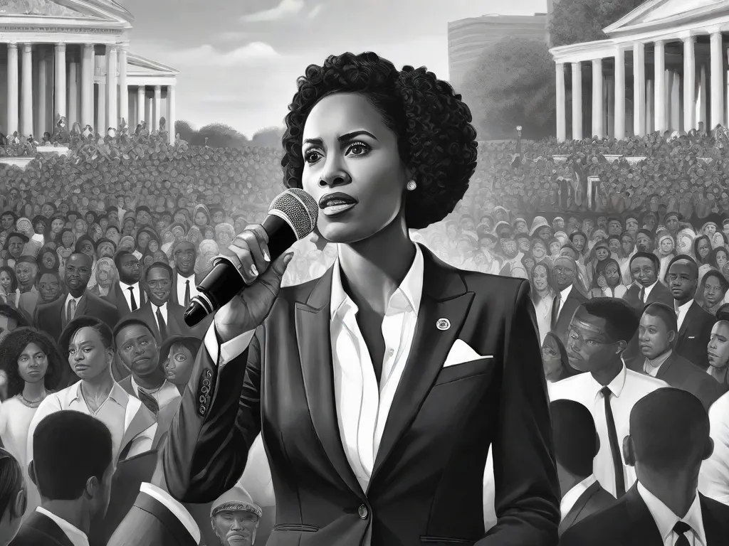 Descrição da imagem: Uma fotografia em preto e branco de uma mulher em pé no topo de uma montanha, com os braços estendidos e uma expressão de determinação no rosto. O sol está nascendo atrás dela, lançando um brilho quente sobre a paisagem. Isso representa o espírito indomável e a resiliência de indivíduos que tiveram um impacto significativo no mundo.