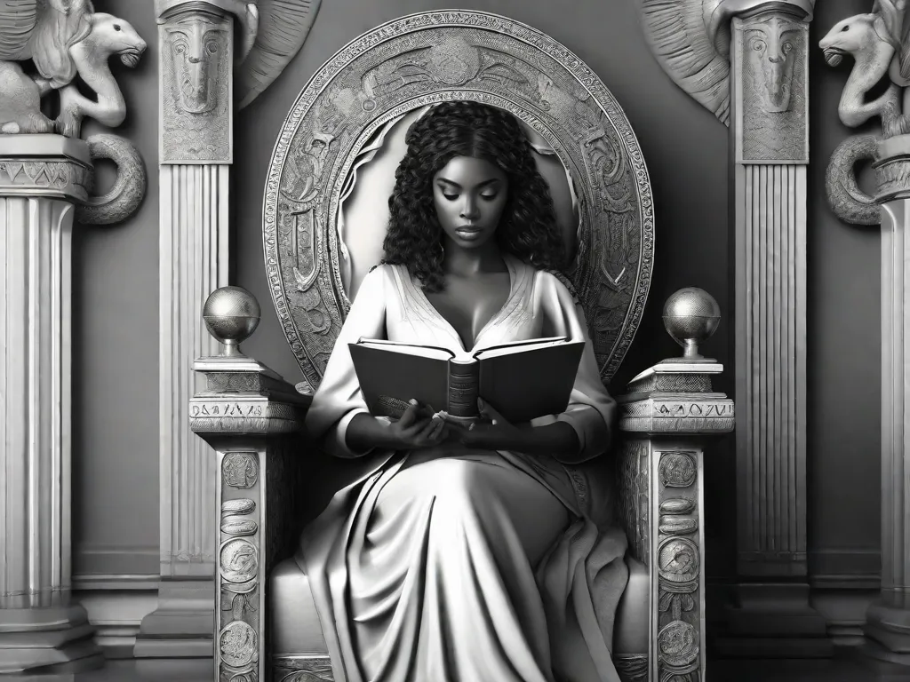 Na imagem, vemos uma biblioteca moderna com prateleiras cheias de livros. De um lado, há estátuas gregas antigas representando figuras mitológicas como Zeus, Atena e Poseidon. Do outro lado, há livros contemporâneos com títulos como