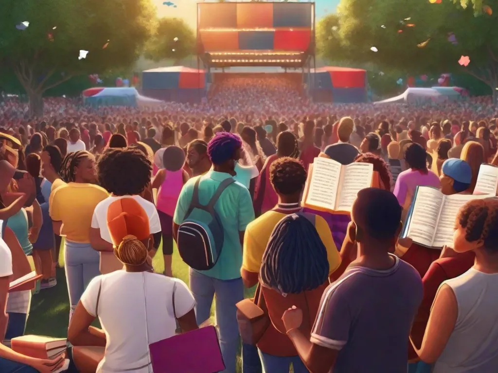 Uma imagem vibrante que mostra uma multidão diversificada reunida em um local de concerto ao ar livre. Pessoas de todas as idades e origens estão absortas na apresentação, algumas segurando livros e outras cantando junto. A cena captura a fusão harmoniosa da literatura, música e cultura popular, simbolizando a interação entre essas formas de arte.