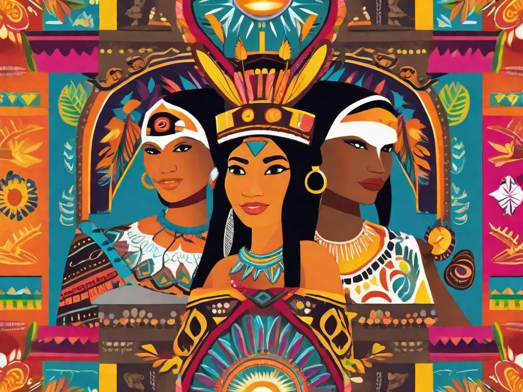 Descrição da imagem: Um mural vibrante e colorido que retrata símbolos e motivos indígenas, mostrando a rica herança cultural e diversidade das comunidades indígenas no Brasil. O mural inclui imagens de pessoas indígenas envolvidas em várias atividades, como contar histórias, dançar e tocar instrumentos musicais tradicionais, refletindo sua resiliência e a importância