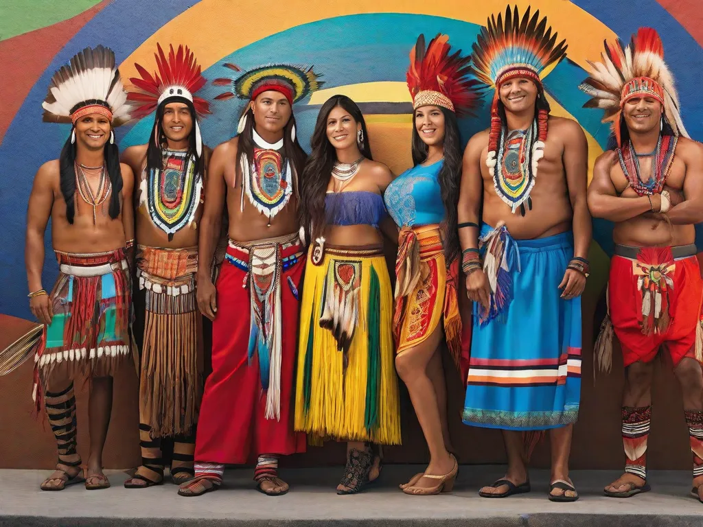 Descrição da imagem: Um mural vibrante e colorido que retrata pessoas indígenas de diferentes tribos no Brasil. Elas estão orgulhosamente vestindo roupas e acessórios tradicionais, exibindo sua rica herança cultural. O mural serve como uma poderosa representação visual das diversas narrativas indígenas e histórias que moldam o Brasil contemporâneo.