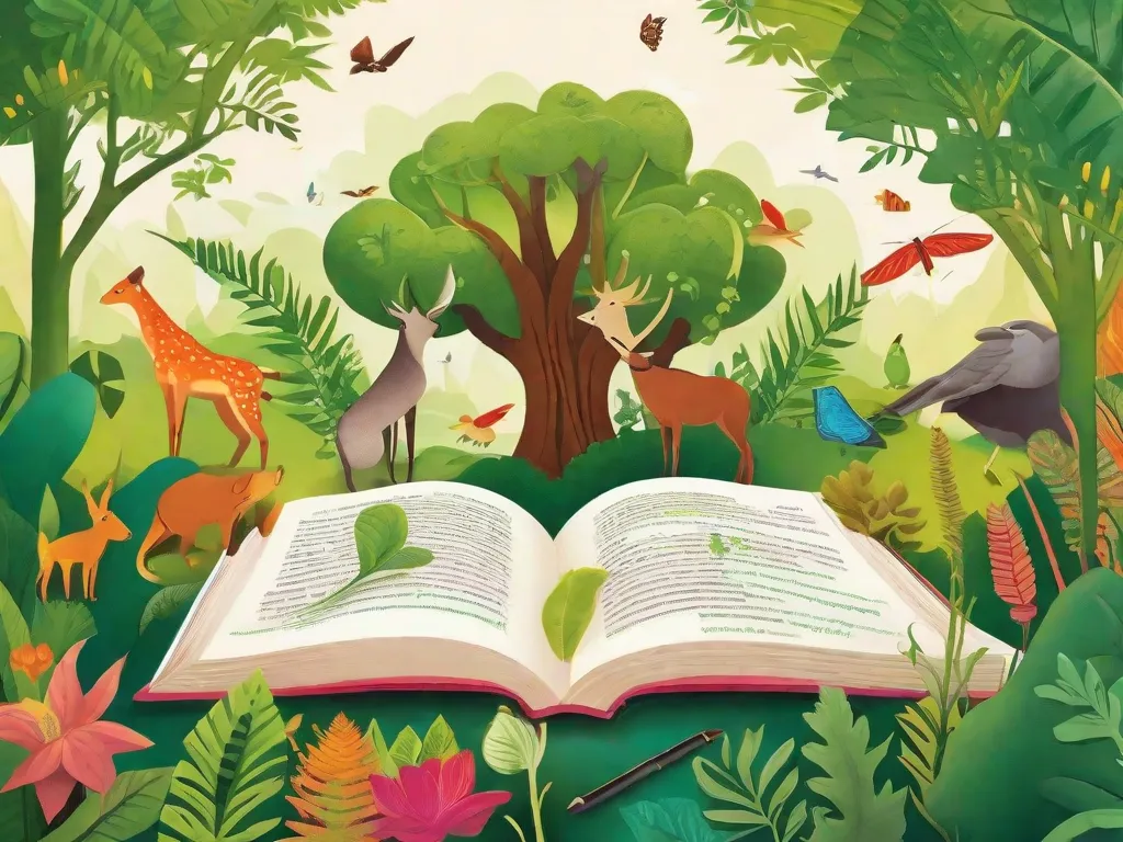 Descrição da imagem:
Uma ilustração vibrante mostrando a harmonia entre a natureza e a literatura. No primeiro plano, um livro aberto com folhas verdes exuberantes brotando de suas páginas, simbolizando o poder das palavras escritas ao abordar questões ecológicas atuais. Ao fundo, uma variedade diversa de animais e plantas coexistem pacificamente, representando a intercon