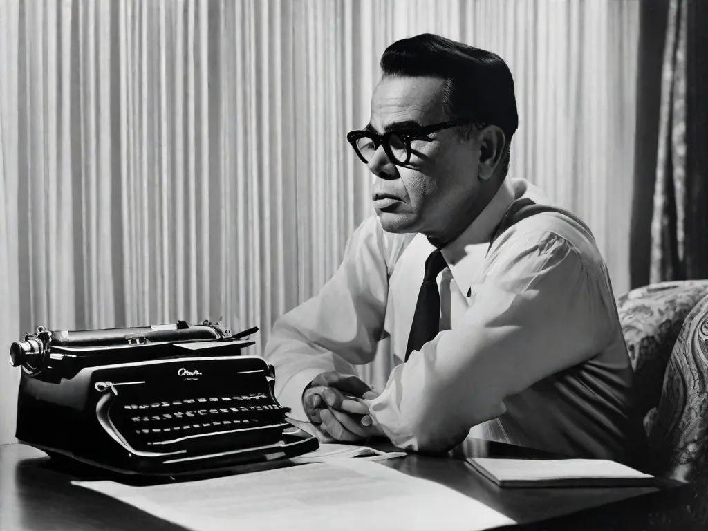 Descrição: Uma fotografia em preto e branco de Nelson Rodrigues, renomado dramaturgo brasileiro, é mostrada. Ele está retratado sentado em uma máquina de escrever, pensativo, com um cigarro na mão. A imagem captura seu olhar intenso e a aura de criatividade que o cercava, simbolizando seu impacto significativo no teatro brasileiro.