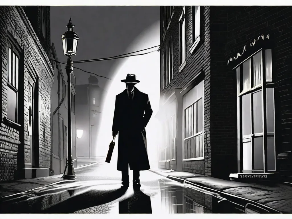 Em um beco pouco iluminado, uma figura solitária fica debaixo de um poste de luz piscante, com fumaça de cigarro envolvendo-a. Sombras dançam no pavimento molhado, enquanto o chapéu Fedora da figura cria uma silhueta misteriosa. A cena captura a essência do cinema noir, evocando intriga e suspense.