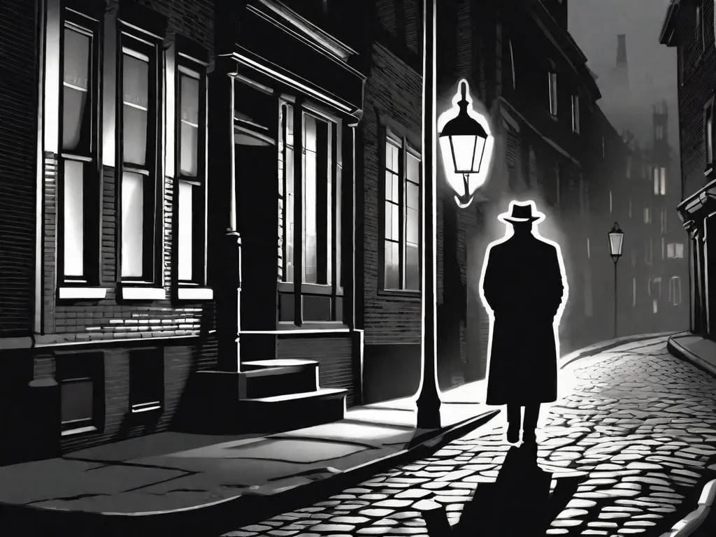 Em um beco pouco iluminado, uma figura solitária fica debaixo de um poste de luz piscante, com fumaça de cigarro envolvendo-a. Sombras dançam no pavimento molhado, enquanto o chapéu Fedora da figura cria uma silhueta misteriosa. A cena captura a essência do cinema noir, evocando intriga e suspense.